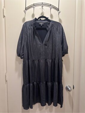 MSK Shimmery Navy Silver Tiered Midi Dress with Ruffle Neck XL New with tags